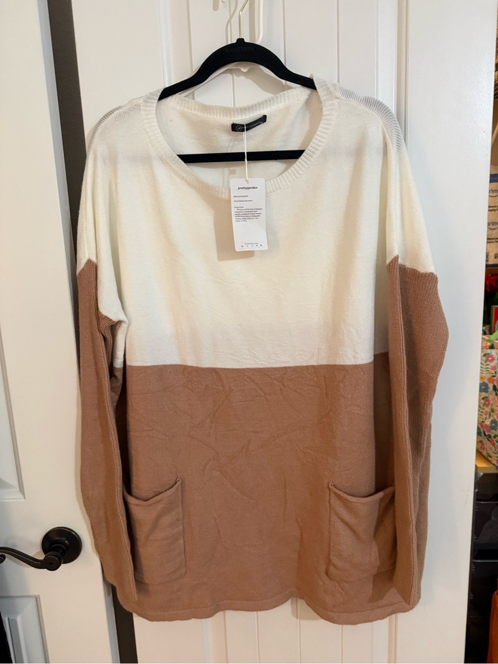 Colorblock Cream and Brown Women’s Tunic Sweater with Pockets